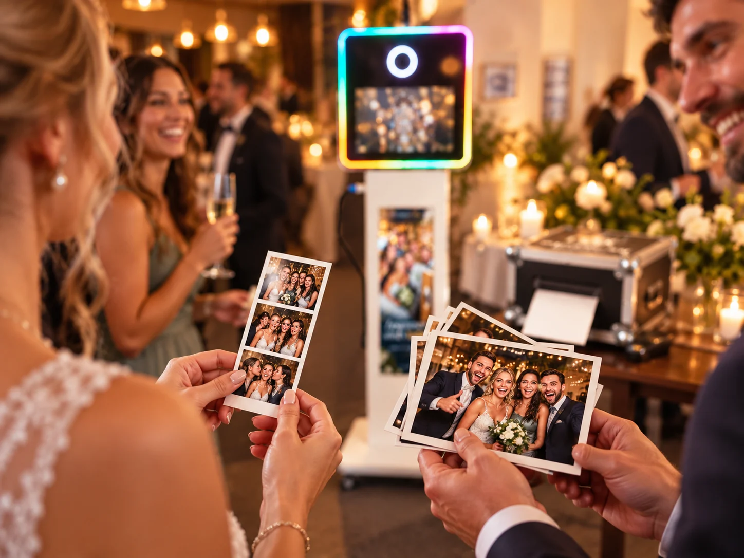 Gäste betrachten ihre frisch gedruckten Fotobox-Bilder